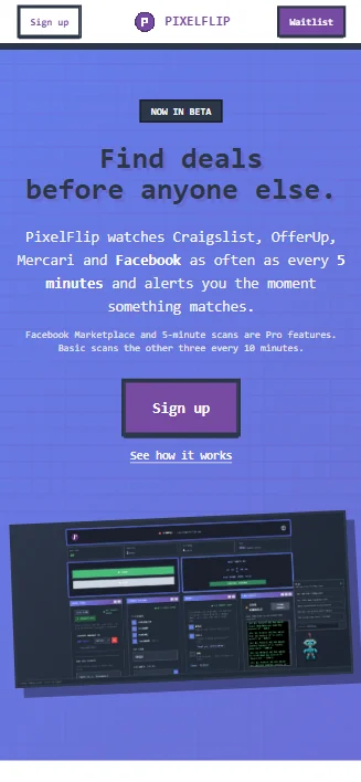 PixelFlip Landing Page on a phone
